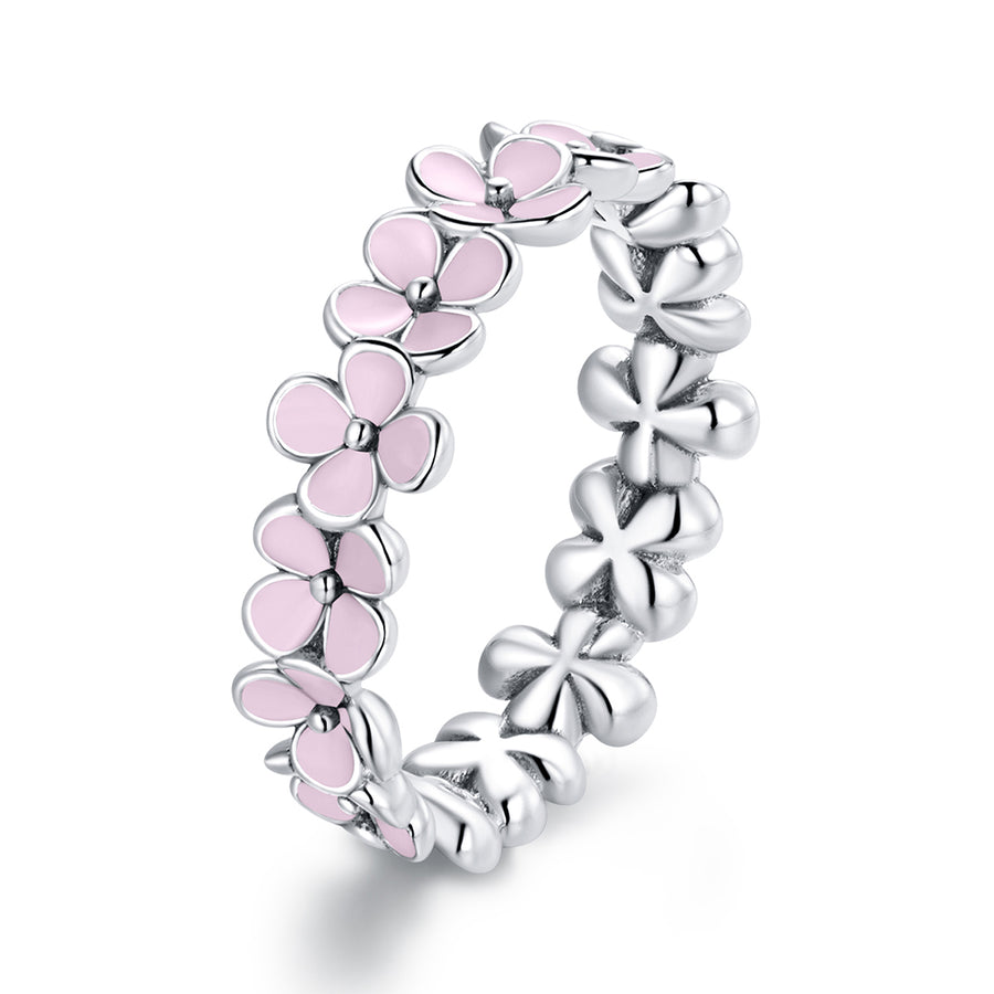 Walleriana Flowers with Pink Enamel Silver Ring